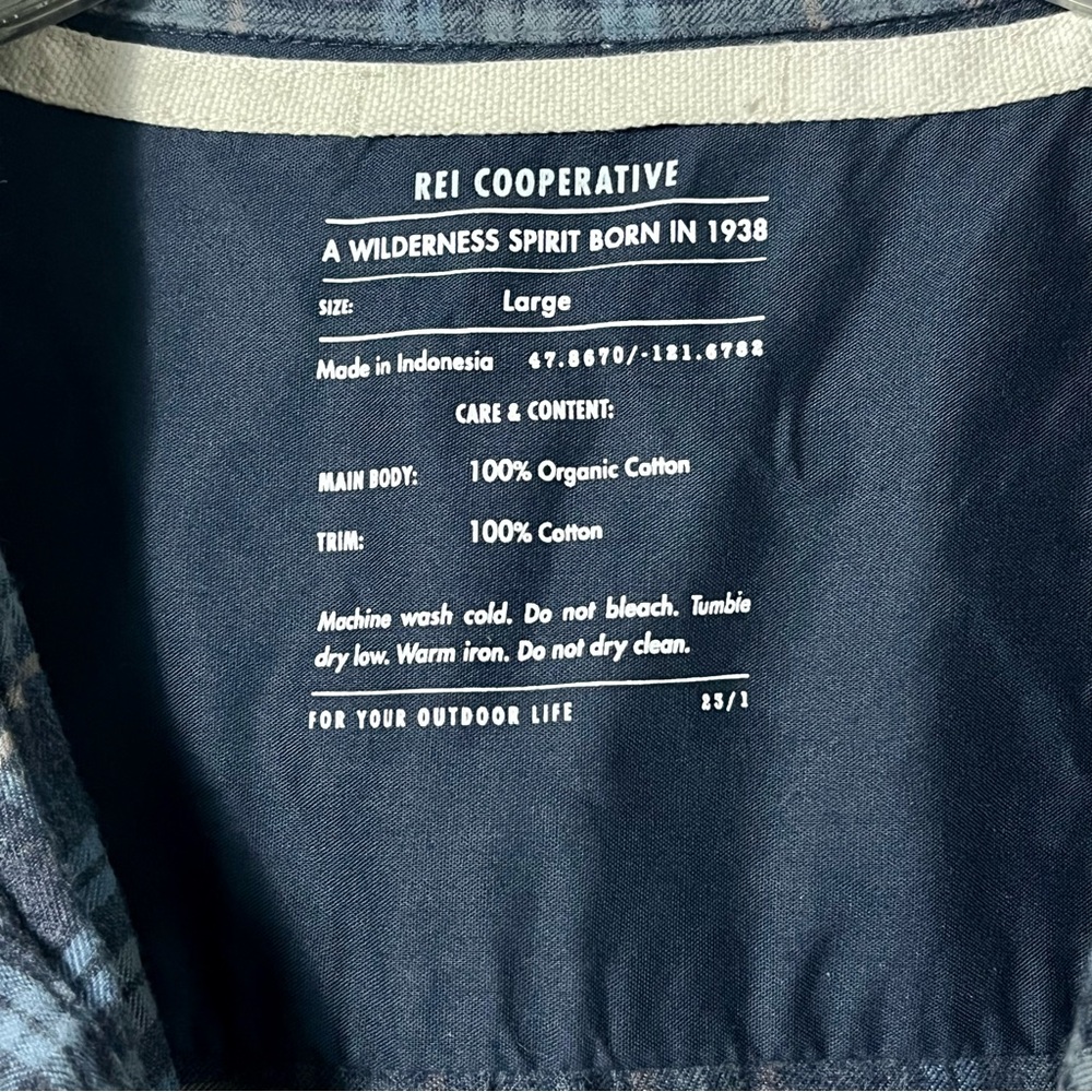 REI Men’s 100% Organic Cotton Blue Plaid Flannel Shirt Size L Streetwear Preppy - Picture 6 of 7